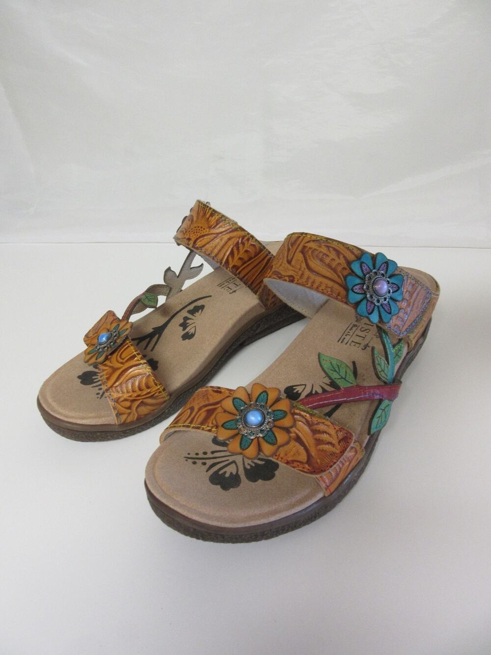L'Artiste Spring Step Orange Leather Tropical 7-7.5 Slip On Wedge Jeweled Sandal